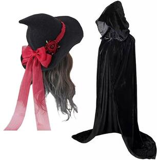マント 黒 魔女 帽子 ウィッチハット ゴスロリ コスプレ 仮装 パーティー( マント黒＆リボン赤)の画像
