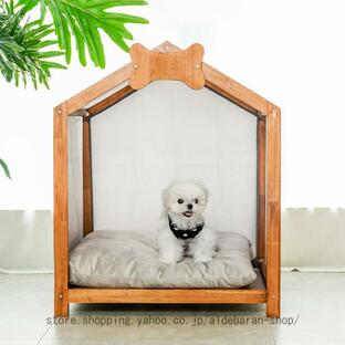 [JUI3N] 犬ハウス 天然木 小型犬 木目調 夏 犬小屋 ペットハウス 猫ハウス 猫ベッド 室内用 ペットベッド 窓あり 寝床 組み立て簡単 マット付き 中型犬 ネコ用の画像