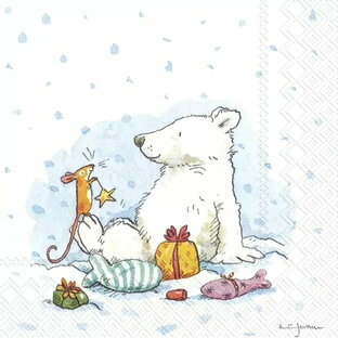 【25cmサイズ】IHR ペーパーナプキン ☆ICY X-MAS FOR YOU☆（1枚/バラ売り）可愛い デコパージュ Anita Jeram アニタ ジェラーム シロクマへのクリスマスプレゼント ネズミ 雪 冬柄 動物の画像