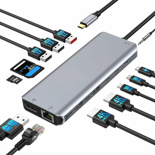 USB Cドッキングステーション type c ドッキングステーション13 in 1 usb ハブ 【2*HDMI+DP】ドッキングステーション3画面出力 usb c ハブ type-c アルミ製良好な放熱性 100W電力出力 6*USB ポート& 1000MbpsRJ45 & 3.5mmオーディオジャックの画像