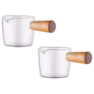 Haskoss 2個の木製ハンドル付き透明なガラスクリーマー 小さなミルクカップ ハンドル付き ミルクジャグ コーヒーミルクカップ ミルクピッチャー ミニの画像