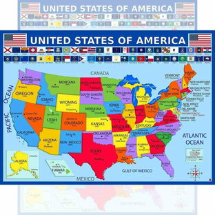 アメリカ合衆国地図と州旗ポスター ラミネート加工 14 x 19.5インチ 教育ポスター 子供用アメリカ地図 小学生教室の装飾品 教師用品の画像