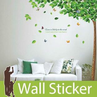 ウォールステッカー 壁 木 緑木と蝶 貼ってはがせる のりつき 壁紙シール ウォールシール 植物 木 花 宅Cの画像