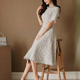 キャメルロード ワンピース レディース ツイード チェック柄 ツイードチェック エレガント 膝丈 ドレス 半袖 5分袖 きれい色 韓国の画像
