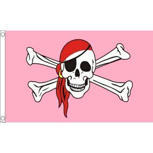 海外限定 国旗 海賊旗 パイレーツ スカル 骸骨 ドクロ アイパッチ バンダナ ピンク 特大フラッグの画像