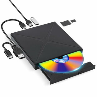 Gueray DVD/CDドライブ 外付け USB3.0&Type-C両対応 TF/SDカード対応 ポータブルドライブ CD/DVD読取・書込 低騒音 高速 2つのUSBポート搭載 軽量 Linux/Windowsなど対応 ブラックの画像