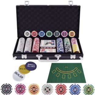 BJマット付きカジノセット カジノチップ300枚 数字入り ポーカーセット チップセット トランプ付き ディーラーボタン3枚付き カジノゲーム カジノセット ブラックーケース (7点セット)の画像