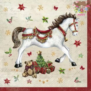 ドイツ IHR 可愛い ペーパーナプキン デコパージュ☆お祝いの馬 クリスマス プレゼント☆（FESTIVE HORSE cream）（1枚/バラ売り）の画像