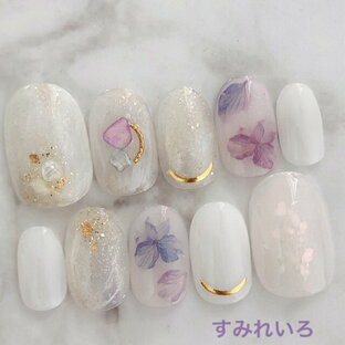 ネイルチップ つけ爪 ブライダルネイル かわいい ショート ロング デザイン 夏ネイル nail プレゼント 短い爪 小さい爪 大きい爪 ベリーショート ちび爪 大人ネイル 付け爪 オフィスネイル シンプル  【1803】ホワイトホロマーブル紫陽花あじさいシェル2の画像