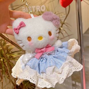 青いワッフルケイティ猫ピンクのベルベットのぬいぐるみキーホルダー少女スカート人形プレゼントバッグの画像