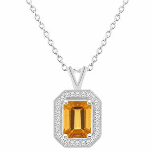 【送料無料】 Celebration Gems レディース ネックレス・チョーカー・ペンダントトップ アクセサリー Celebration Gems Sterling Silver Emerald Cut Gemstone & 1/8 Carat T.W. Diamond Halo Pendant Necklace Citrineの画像