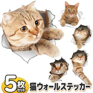 ウォールステッカー 猫 5枚セット 壁から飛び出す リアル 3D ねこ ネコ 壁紙シール トリックアート インテリア 動物 シール 送料無料/メール便 S◇ とびだす猫DLの画像