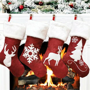 クリスマス靴下 四点セット お菓子入り 袋 クリスマス飾り ソックス クリスマスツリー 鹿 雪花 デコレーション プレゼント袋 壁掛け 玄関飾りの画像