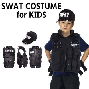 ハロウィン 仮装 子供 コスプレ 衣装 SWAT 男の子 女の子 キッズ スワット ポリス 警察 警官 ベスト (帽子) キャップ （ベスト+帽子） 2点セット 男女兼用の画像