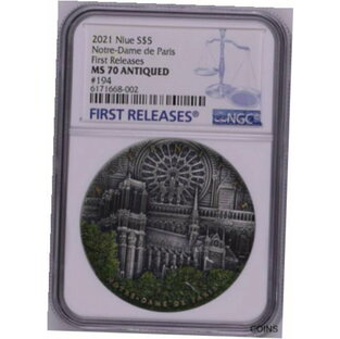 【極美品/品質保証書付】 アンティークコイン コイン 金貨 銀貨 [送料無料] NGC MS70 FR 2021 Niue Notre Dame Cathedral 2oz Silver Coin Colorized Antiquedの画像