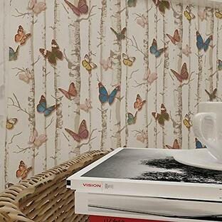 ウォールステッカー 壁紙 クロスシール レトロ バタフライ 蝶 木 森 ビンテージ風 北欧 内装 DIY 剥がせるの画像
