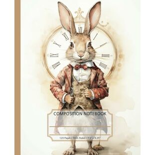 Composition Notebook: 7mm Ruled notebook with Watercolor Vintage Style The rabbit of Alice in Wonderland and a Clock, 7.5" x 9.25", 120 cream pagesの画像