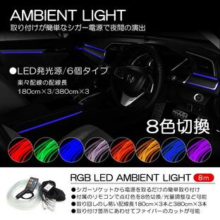AZSH36W/AZSH37W クラウンスポーツ RGB LED アンビエントライト 間接照明 ライン発光 発光源6個 アクリルファイバー8m リモコン操作 8色切替の画像