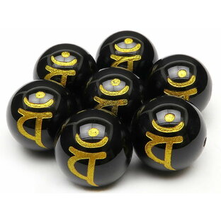 【粒販売】梵字（バン）金色彫刻 オニキス 丸玉 16mm【5粒販売】▽ ブラックオニキス ブラックアゲート オニックス 黒瑪瑙 Onyx ラウンド 丸ビーズ 粒売り 天然石 ビーズ パワーストーン パーツ アクセサリー 素材 材料の画像