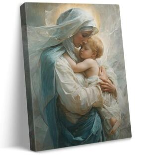 vandlife 聖母マリア キャンバスプリント 赤ちゃんイエス 母の温かい抱擁に囲まれた絵画 神聖な母性愛 ウォールアート 宗教的 キリスト教の装飾の画像