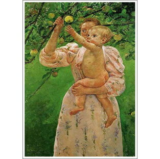 手描き 油絵 複製画 メアリー・カサット「林檎に手を伸ばす赤ん坊」 額付き 送料無料の画像