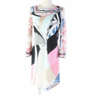 極美品◎Emilio Pucci エミリオ・プッチ 46RL65 レーヨン 総柄 スクエアネック ワンピース マルチ 38 イタリア製 正規品 レディースの画像