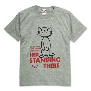 猫 おもしろ かわいい Tシャツ メンズ レディース 半袖 STANDING THERE - へザーグレー ネコ ねこ 猫柄 雑貨 - メール便 - SCOPY スコーピーの画像