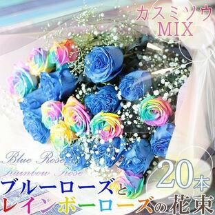 【安心のクール便出荷】【ブルーローズ レインボーローズ 20本 カスミソウ 3本セット 】 母の日 花束 オランダ産 高級 青いバラ 虹色のバラ バラの花束 誕生日の画像