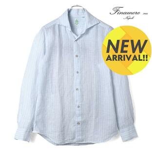 FINAMORE / フィナモレリネンポプリンストライプ柄ワンピースカラーシャツ(PE241 BALI PANTELLERIA)（ライトブルー×ホワイト）の画像