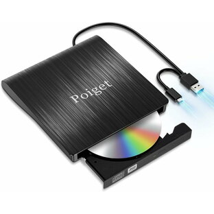 Poiget CD/DVDドライブ 外付け DVDレコ DVD-Rプレイヤー CDレコUSB3.0&Type-C両用 内蔵ケーブル Window/Linux/Mac OS対応 読み出し&書き込み エラー校正 ブラックの画像