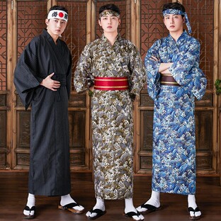 【送料無料】浴衣 日本の着物の正装の男性の伝統の着物の武士の服と和風の長いタイプの武士のスーツドレス 韓国ファッションの画像