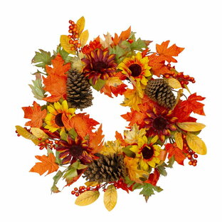 [RDY] [送料無料] ひまわりの葉と松ぼっくりの秋の収穫リース - 24 inch Unlit [楽天海外通販] | Sunflower Foliage and Pine Cone Fall Harvest Wreath - 24 inch Unlitの画像