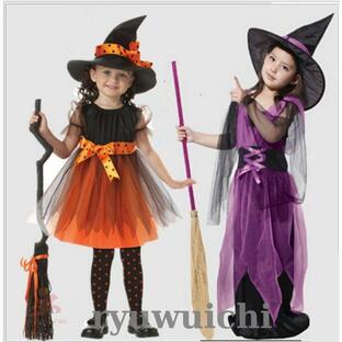 ハロウィン コスプレ 魔女 子供 女の子 衣装 仮装 可愛い 帽子 タイツ付き ドレス ワンピース キッズ ウィッチ 魔女っ娘 巫女の画像