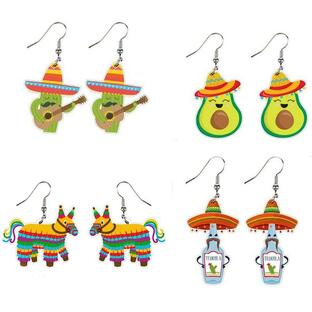 4Pairs Cinco De Mayo Pi ata Sombrero Maracas Chili Pepper Racket Horse Hat Avocado Cactus Drop Dangle Earring Set for Women Girl Teen Acrylic Mexicの画像