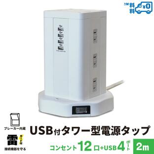 電源タップ USB付 タワー型 2m 雷ガード 12個口 PTP12U4-48A2 STYLEDの画像