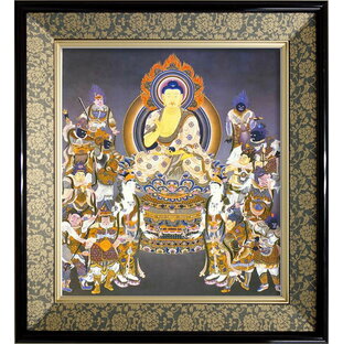 仏画 緞子 色紙額 「薬師如来十二神将」 複製画 額付き（額外寸32.5x35.5cm） 新品 仏画 仏教美術 仏間に。仏事の飾りに。護法善神の画像