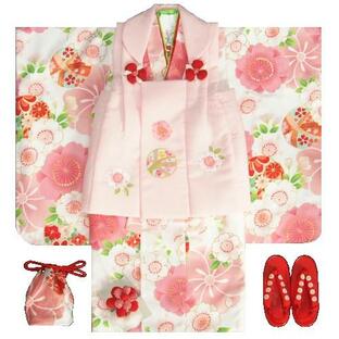 七五三 着物 3歳 女の子 被布セット 京都花ひめ 白地着物 被布ピンク刺繍使い 桜 まり 二段重ね衿 足袋付き11点フルセットの画像