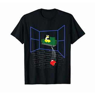 Linuxのペンギンは、ウィンドウを介してアップルをスロー 面白い Tシャツの画像