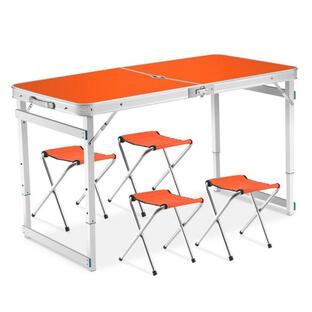 折りたたみ式ポータブルキャンプテーブルセット、椅子4脚、高さ調節可能な3つのレベル、BBQピクニックガーデンパーティーセットの屋外屋内使用の画像