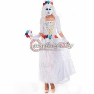 高品質 高級コスプレ衣装 ハロウィン デイ・オブ・ザ・デッド 風 オーダーメイド Ghost Zombie Bride White dress Sexy Day of the Deadの画像