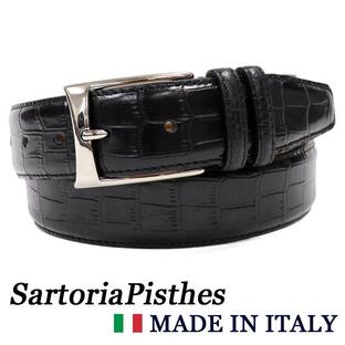 SartoriaPisthes イタリア製 レザーベルト クロコ型押しレザー メンズ サイズ調整フリーサイズ 本革 ビジネス 紳士ベルト 35mm ブラック レザー 大きいサイズの画像