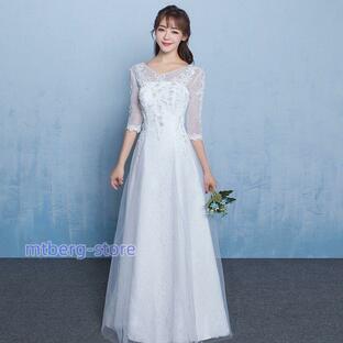 ウエディングドレス ウェディングドレス aライン 白 袖あり 花嫁 パーティードレス 二次会 ブライダル ロングドレス イブニングドレスの画像
