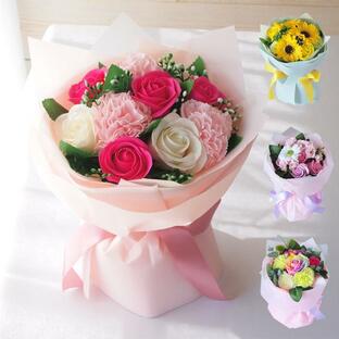 母の日まだ間に合う プレゼント 花 2024 ギフト カーネーション ソープフラワー花束 ブーケ(バラ ひまわり スタンディング 造花）の画像