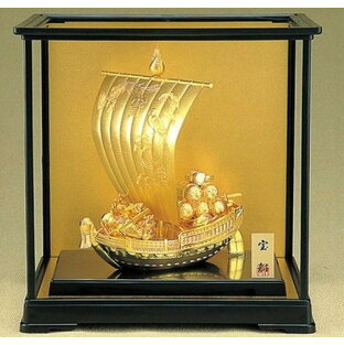 宝船の置物 純金メッキ 宝船ゴールド ガラスケース付 高岡銅器の置物 送料無料の画像