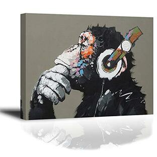 『音楽を聴いている猿』キャンバス絵画 バンクシー Banksy 現代の動物装飾画 チンパンジー 落書きPIY PAINTINGアートパネル ウォールアート フレームポスター 木の画像