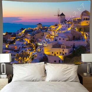 自然風景 タペストリー 海と青空 ギリシャのサントリーニ島 海 夜景 白い建物 ビーチ おしゃれ壁掛け 装飾布 インテリア 装飾アート モダン 多機能 布ポスターの画像