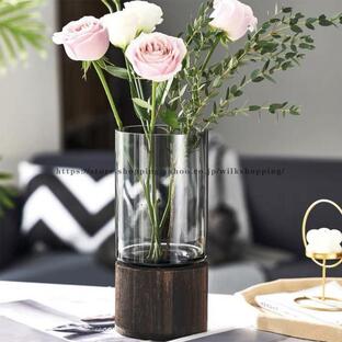 花瓶 ガラス 木製 フラワーベース 北欧 花器 透明 ブラック 大きい 花びん レトロ 円柱 円形 生花 生け花 ドライフラワーの画像