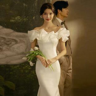 ウエディングドレス 白 韓国 花嫁 二次会 マーメイドライン 前撮り ロングドレス 20代の画像