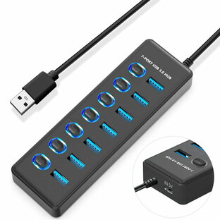 USB ハブ 7ポート USB3.0ハブ USB拡張 独立スイッチ付き USB3.1 Gen1 5Gbps高速転送 在宅勤務 ノートパソコン Windows/Linux/Mac OS/Chrome OS/PS4/5/Surface Pro/HDD/MacBook等PC対応 USB Hubの画像