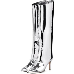 Shoe'N Tale Women's Knee High Boots Pointed Toe Stiletto High Heel Metallic Party Dressy Slip-on Booties Shoes(9 A-Silver) 並行輸入品の画像